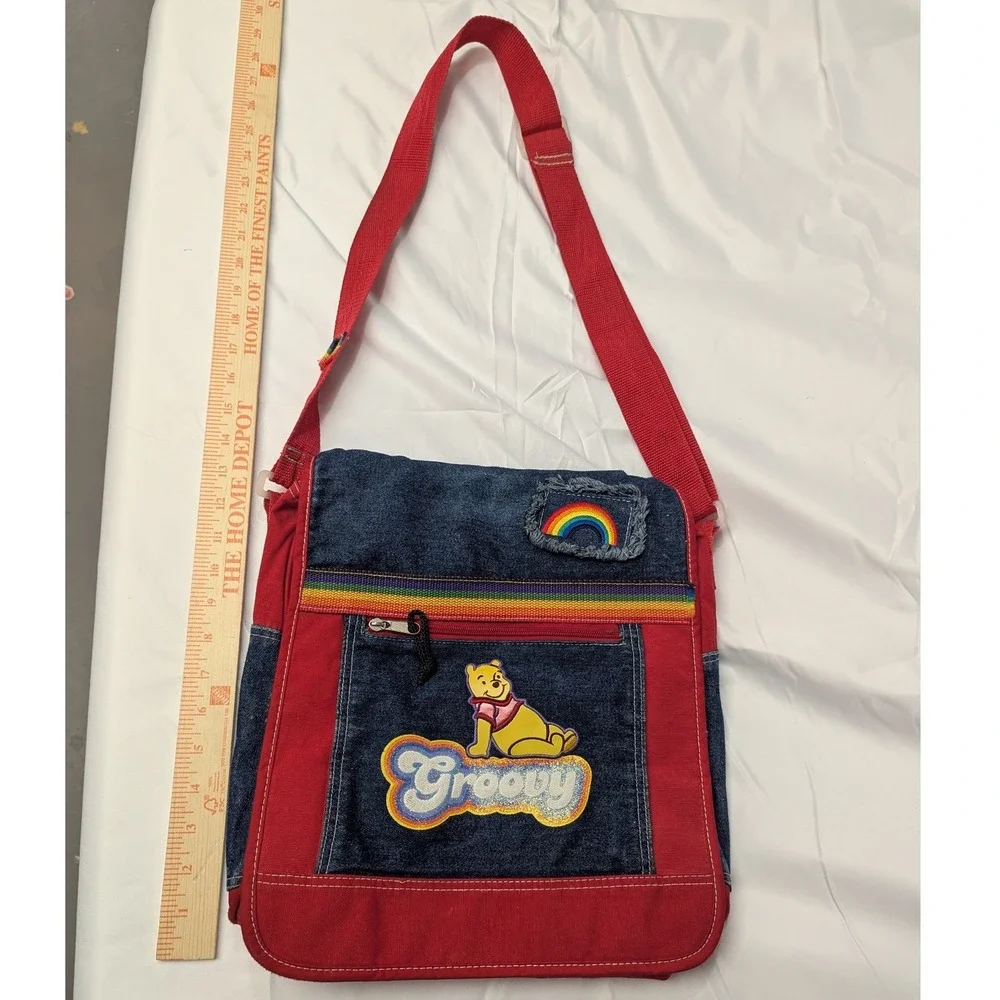 Y2K Disney Winnie the Pooh Messenger Bag Red Denim Groovy Rainbow OS 90's 2000s